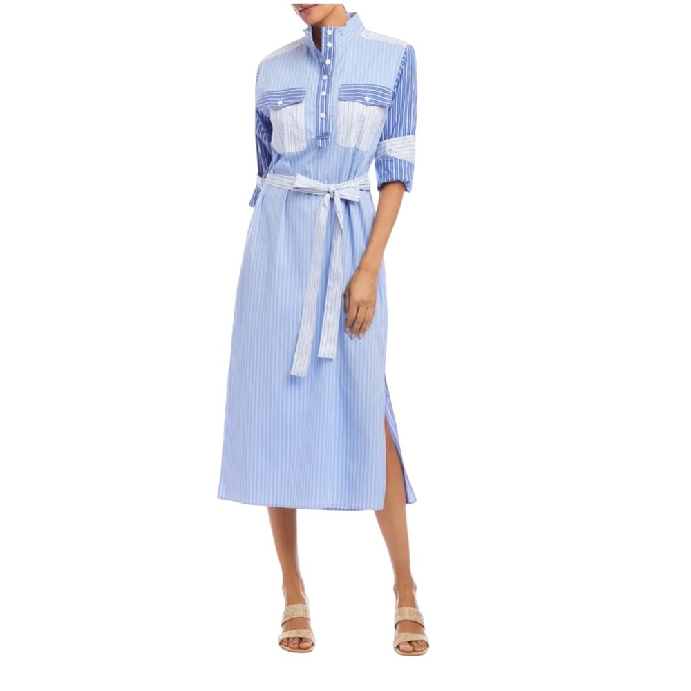 Karen Kane Mixed Striped Belted Long Sleeve Shirtdress